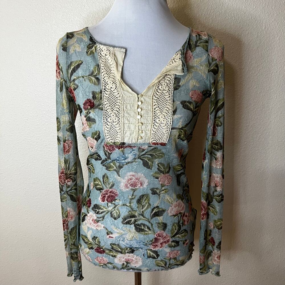 Denim & Supply Ralph Lauren blue floral lace mesh crochet henley top WOMENS MED